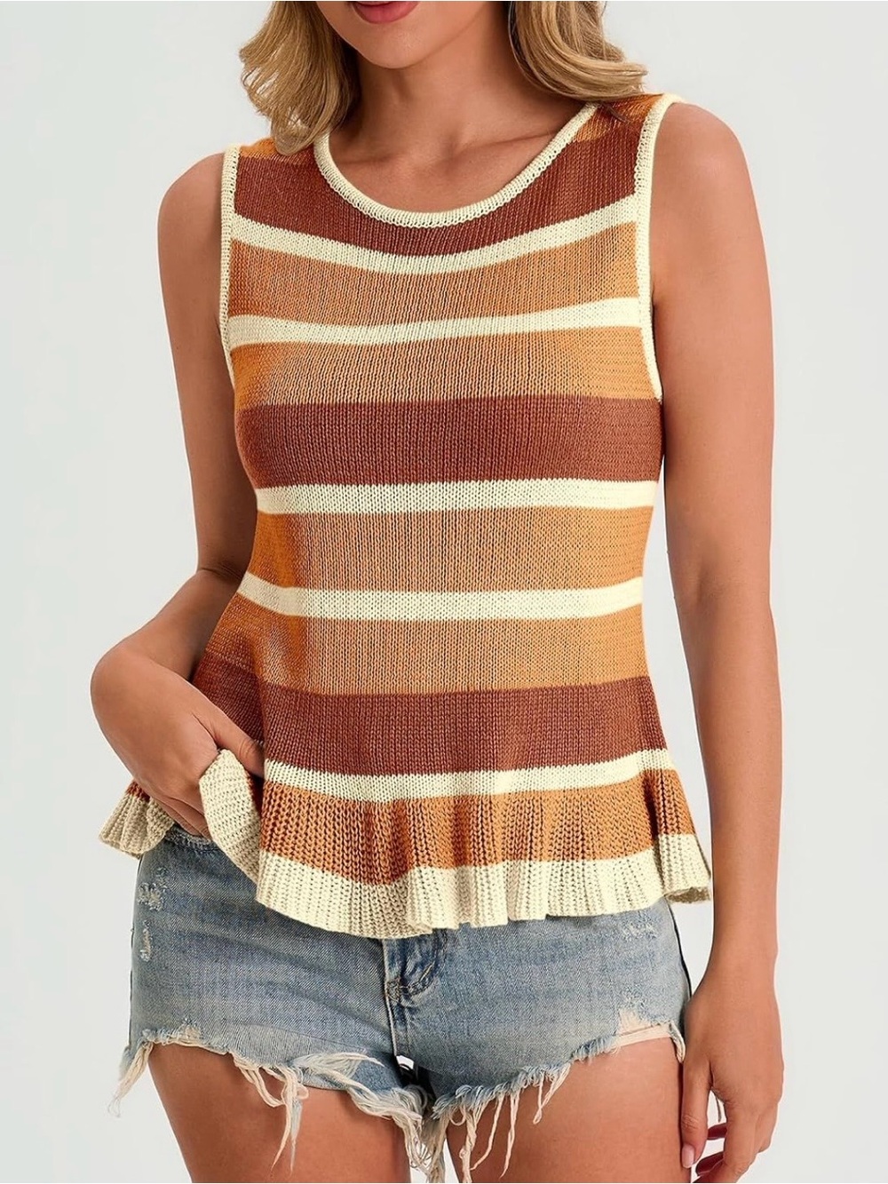 Cicy Bell Women’s Striped Ruffle-Hem Knit Tank Top in Mustard - Small